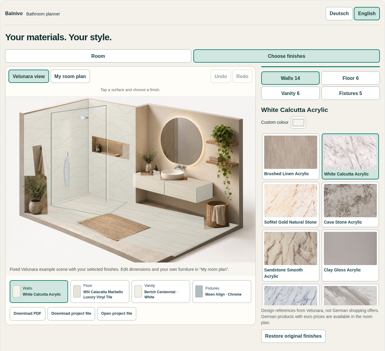 Balnivo with three editable example bathrooms, tiles, colours and directly editable room dimensions