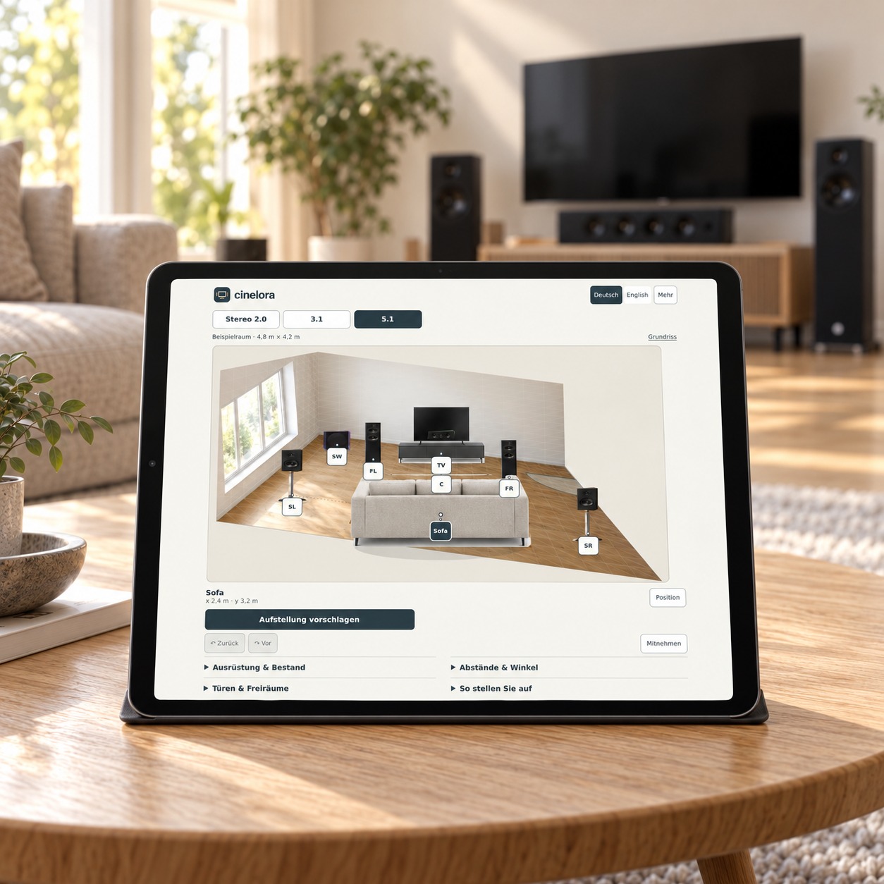 Cinelora social media visual featuring the German app on a tablet in a living room