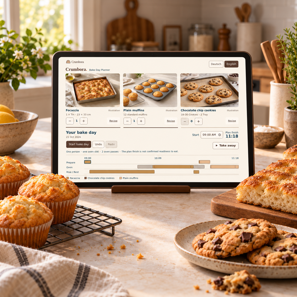 Crumbora Bake Day Planner with bake selection and oven schedule