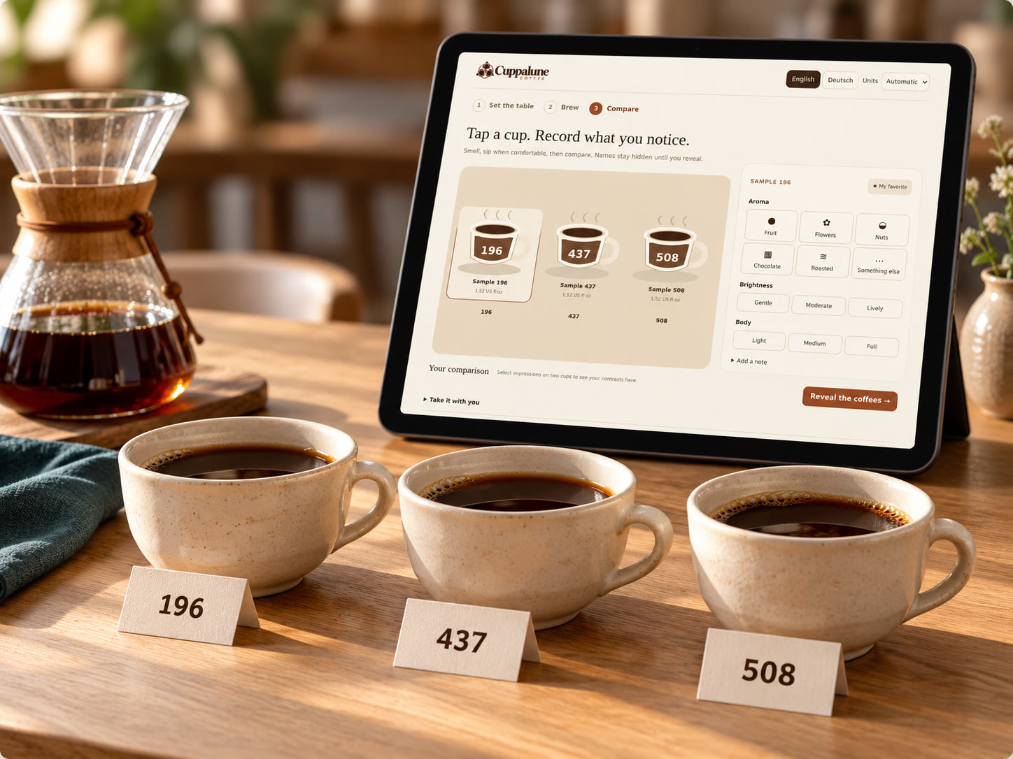 Cuppalune Coffee · illustrative tasting scene with the app