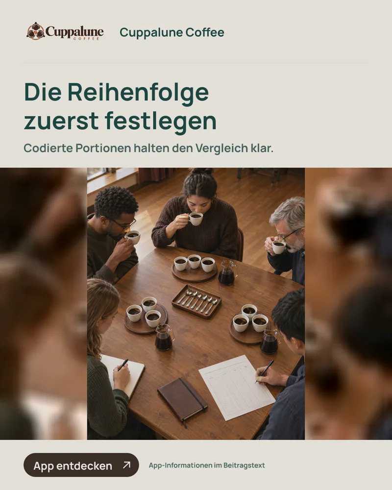 Ein ordentlich vorbereiteter Verkostungstisch mit drei getrennten Probensets, Bewertungsbogen und Servierhilfen für einen Blindvergleich. Bildtext: Die Reihenfolge zuerst festlegen