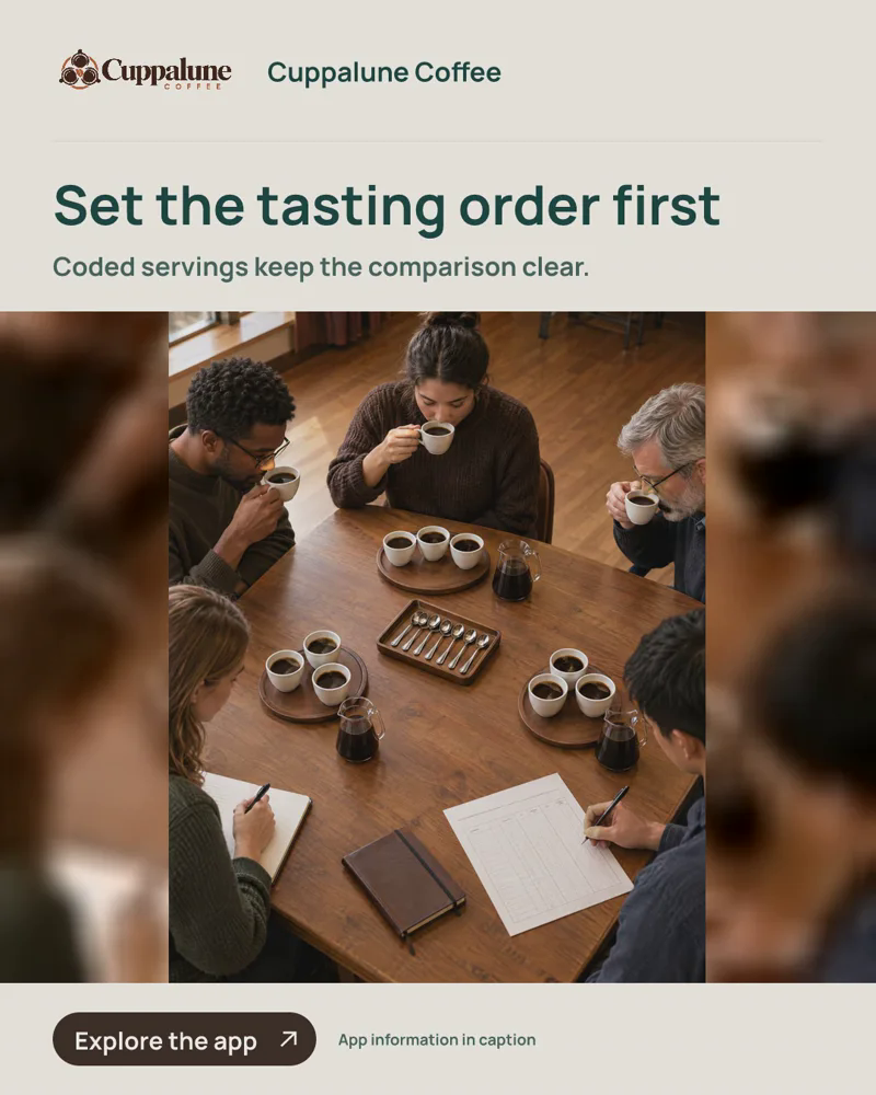 A neatly arranged tasting table with three separated coffee sample sets, score sheets, and serving tools for a blind comparison. Visible text: Set the tasting order first