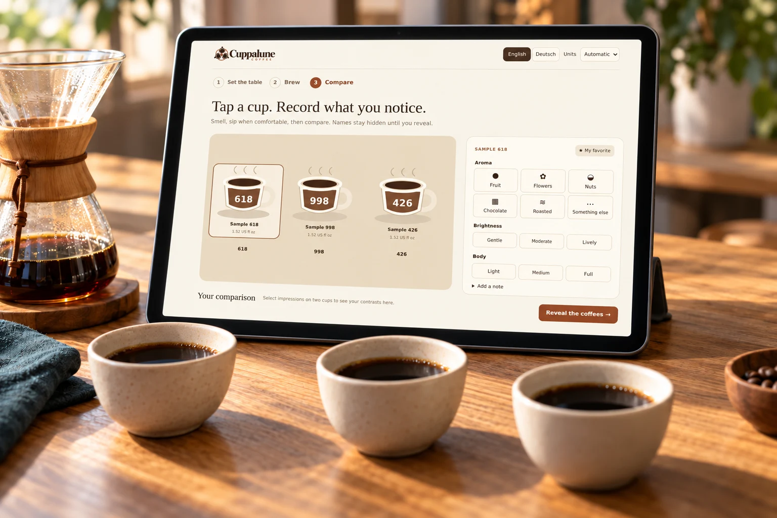 AI-generated coffee scene featuring the actual Cuppalune Coffee app on a tablet.