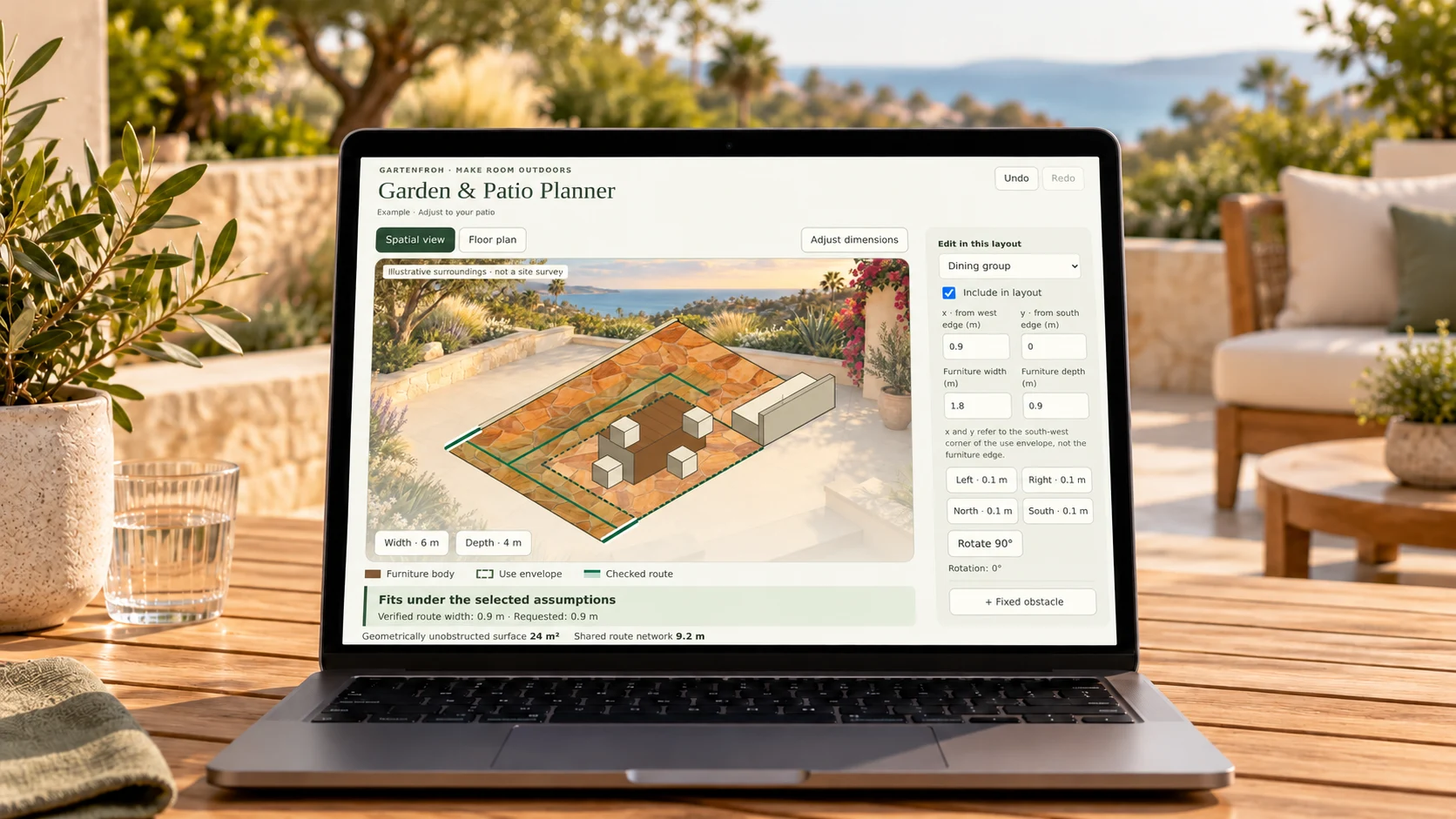 Patio planner on a laptop in an outdoor terrace scene