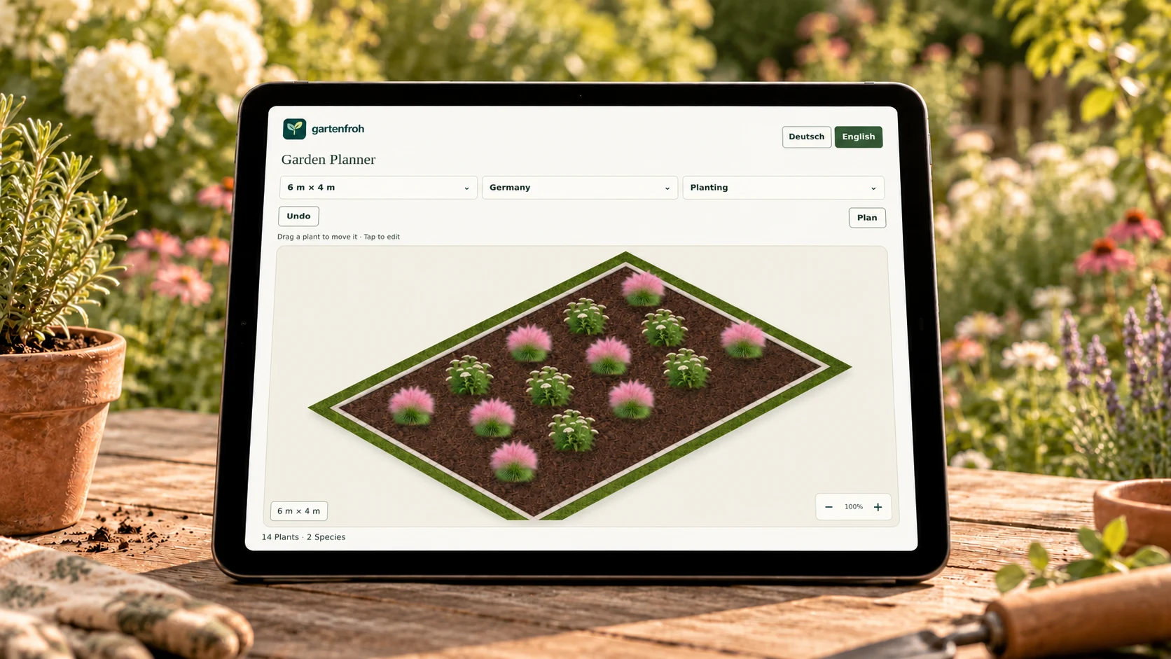 Garden planner on an iPad in a garden scene