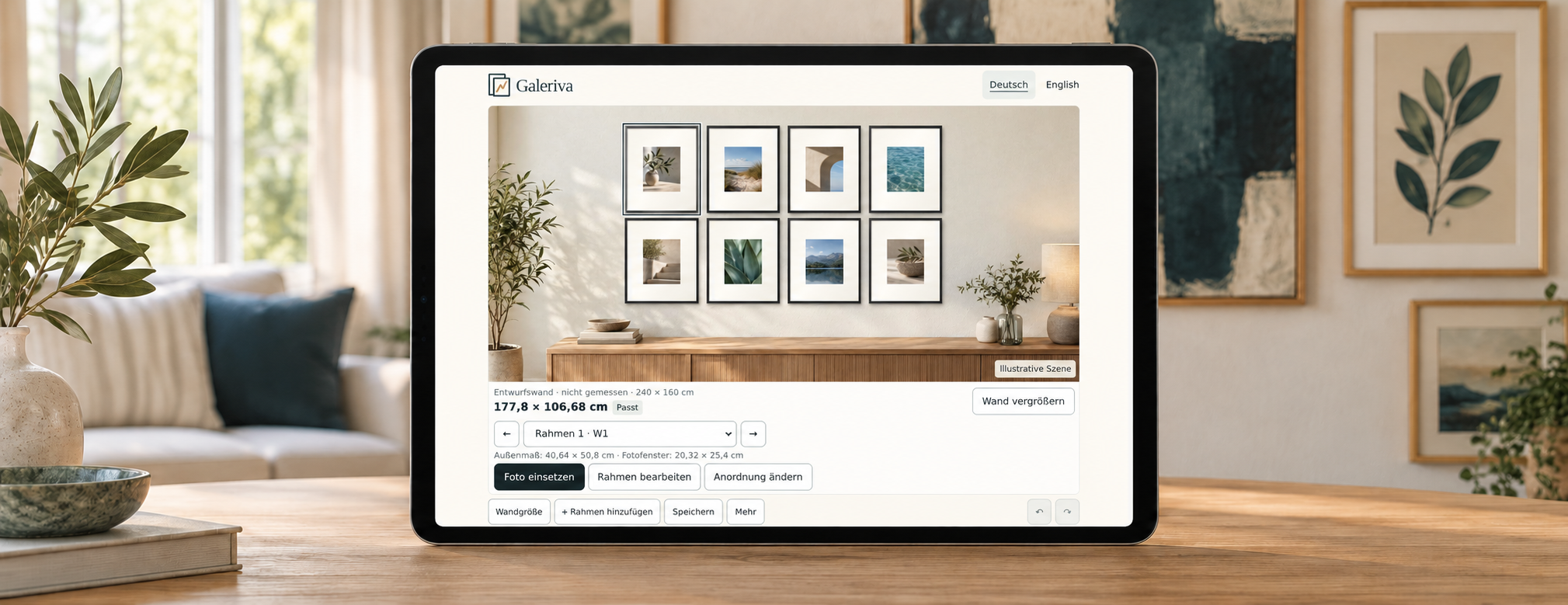 Galeriva-Bilderwand-Designer auf einem Tablet in einem Wohnraum