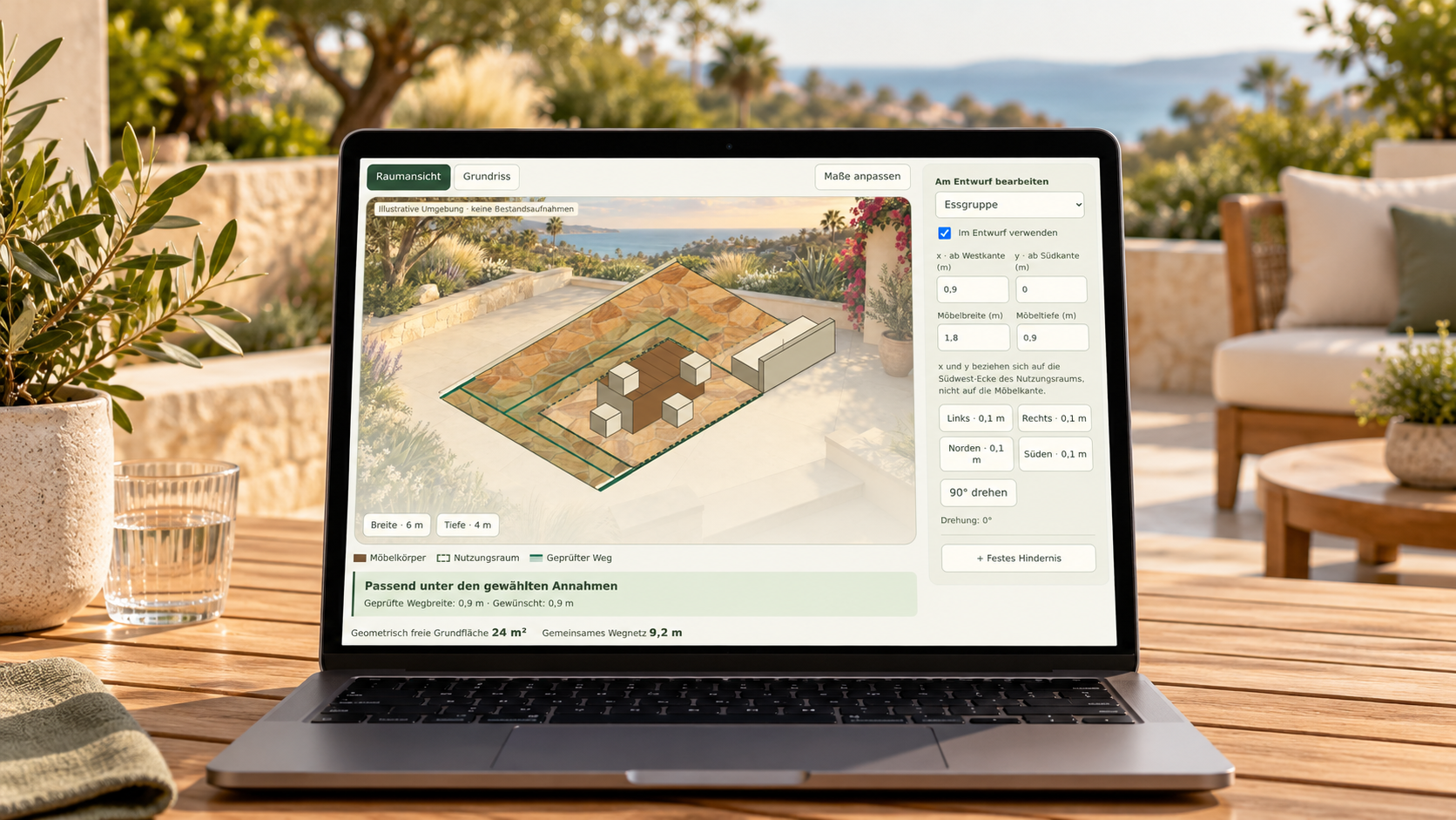 Terrassenplaner auf einem Laptop in einer Terrassenszene