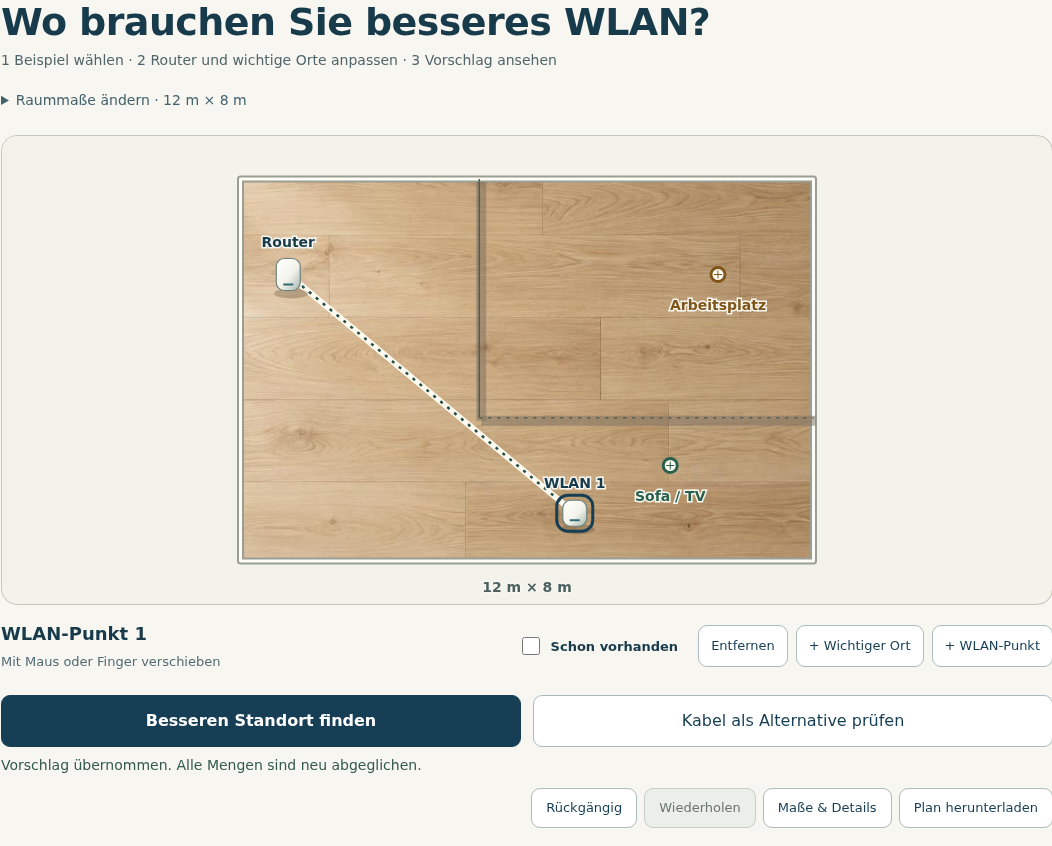 Standorte bearbeiten, Aufstellung vergleichen, Ergebnis herunterladen.