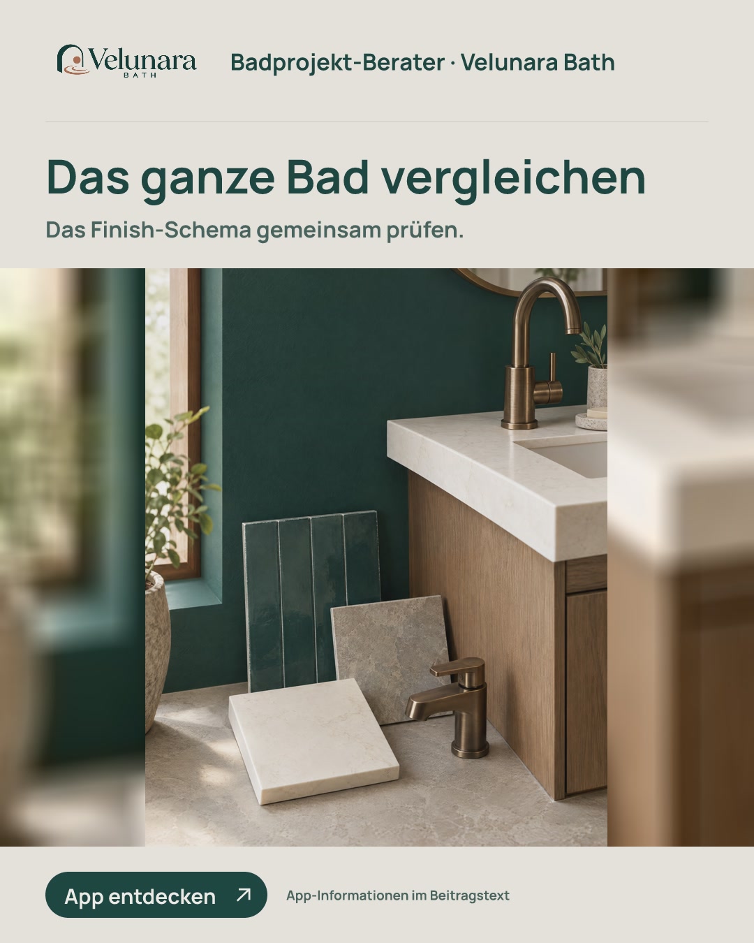 Bad-Finish-Muster liegen neben einer Waschtisch-Referenz, sodass Wand, Boden, Platte und Armatur als ein abgestimmtes Set sichtbar werden. Bildtext: Das ganze Bad vergleichen