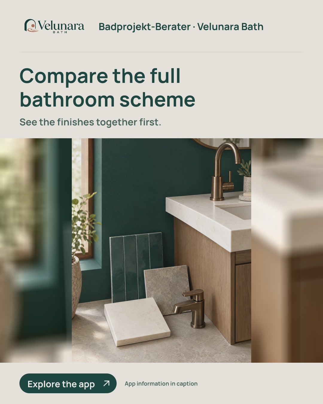 Bathroom finish samples arranged together beside a vanity reference, showing wall, floor, countertop and faucet tones as one coordinated choice. Visible text: Compare the full bathroom scheme