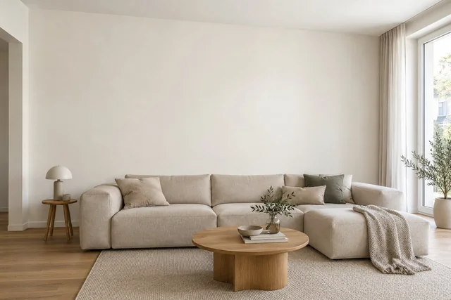 Bright sample room from the colour advisor with a sofa and selected colour palette