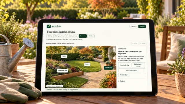Garden care app on an iPad in a garden scene