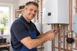 Illustrative photo of an installer beside a heating system