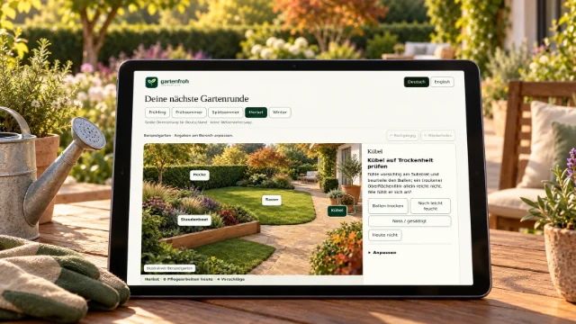 Gartenpflege-App auf einem iPad in einer Gartenszene