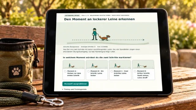 Hundetraining-App auf einem iPad auf einer Gartenbank